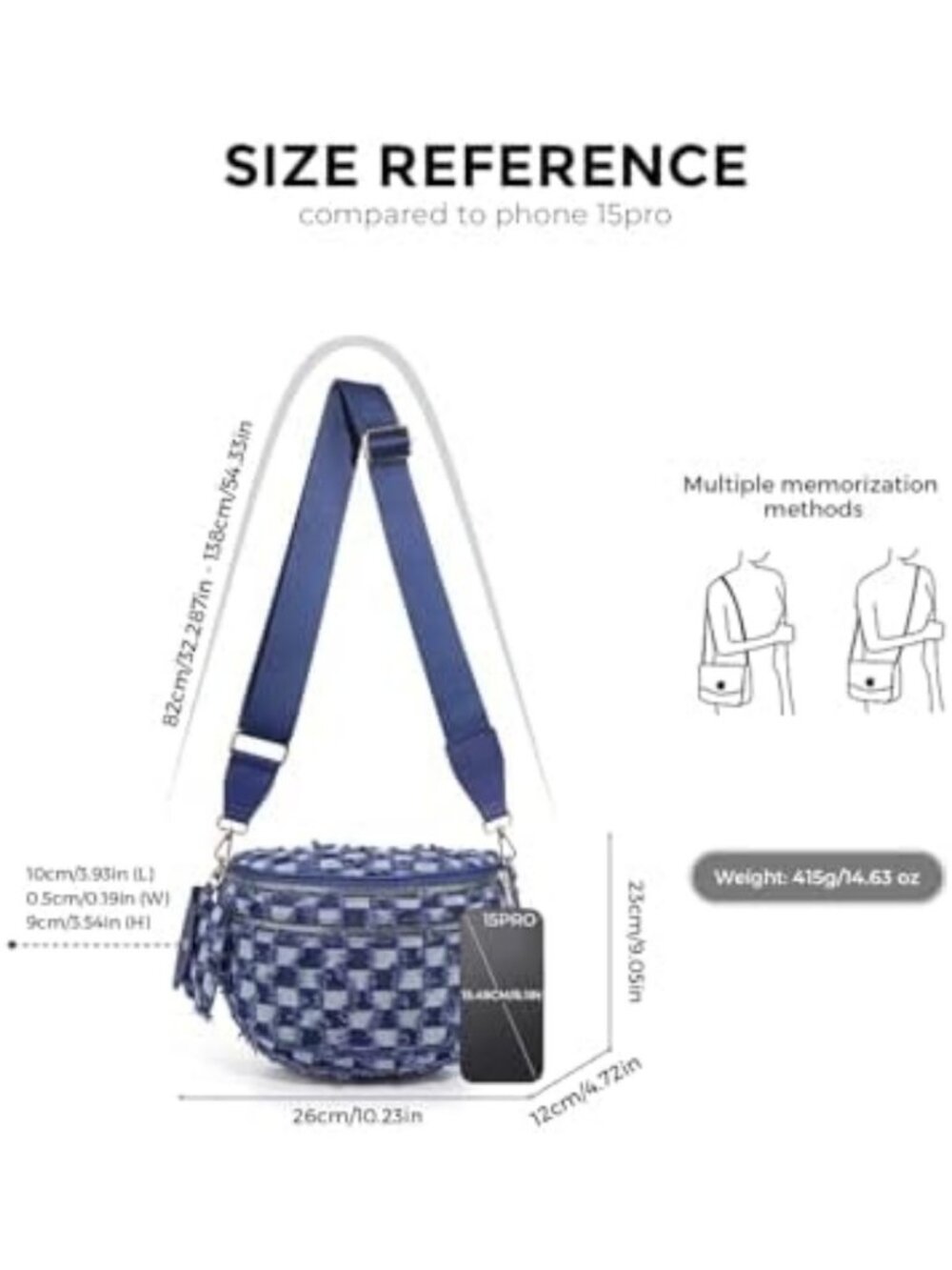 Stylish Checkered Crossbody Bum Bag for Women - Denim Checkerboard Design, Small - Picture 6 of 7